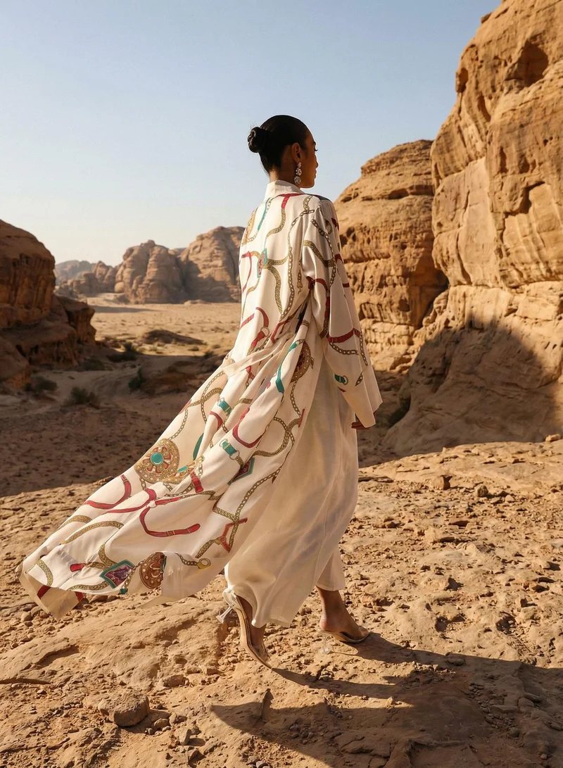ISHIN  Off White Abstract print layered Abaya with Hijab for Women | Best Price UAE